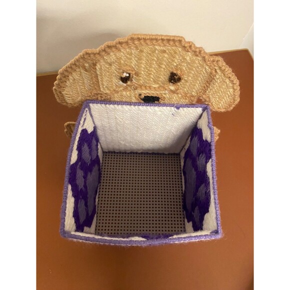 Handmade Needlepoint Plastic Yarn TREAT BOX & PHOTO FRAME Dog Puppy Retriever - Picture 9 of 13